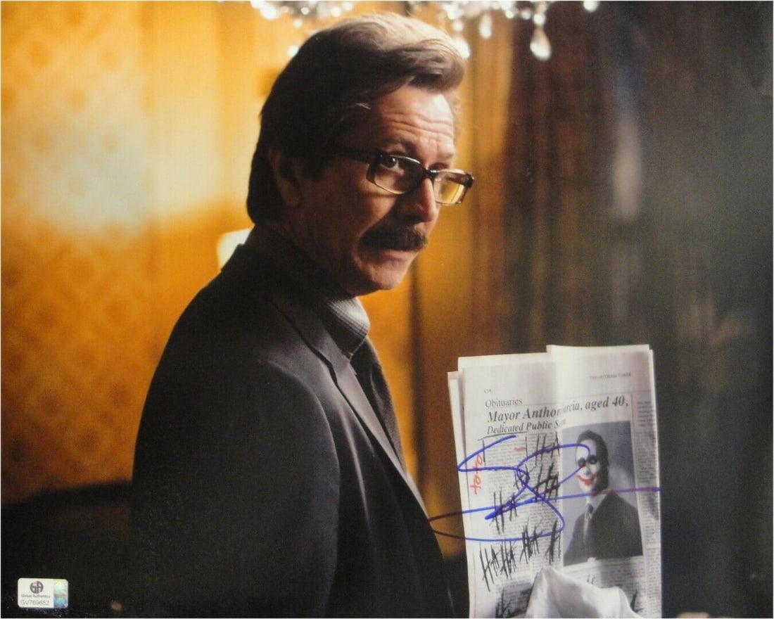Gary Oldman Signed 11x14 Batman Photo JSA Certified: Gary Oldman Signed 11x14 Batman Photo JSA Certified This is an original 11x14 photograph of Gary Oldman from the film Batman: The Dark Knight Rises, autographed by the actor himself. The signature is 