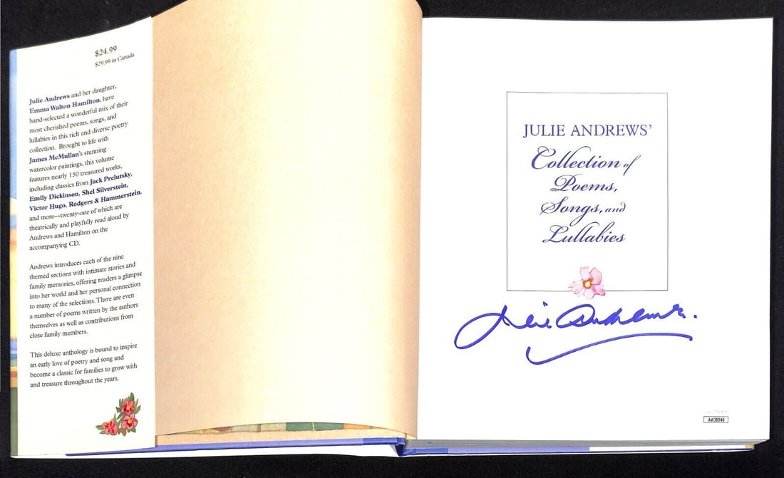 Julie Andrews Signed Collection of Poems Songs and Lullabies HC Book JSA Authentication: Julie Andrews Signed Collection of Poems Songs and Lullabies HC Book JSA Authentication This is an original hardcover book titled 'Collection of Poems, Songs, and Lullabies' signed by the legendary Ju