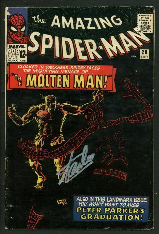 Stan Lee Signed Amazing Spider-Man 28 Comic Book with PSA Authentication: Stan Lee Signed Amazing Spider-Man 28 Comic Book with PSA Authentication This is an original comic book, Amazing Spider-Man #28, featuring the first appearance of the Molten Man. The comic is hand-sig