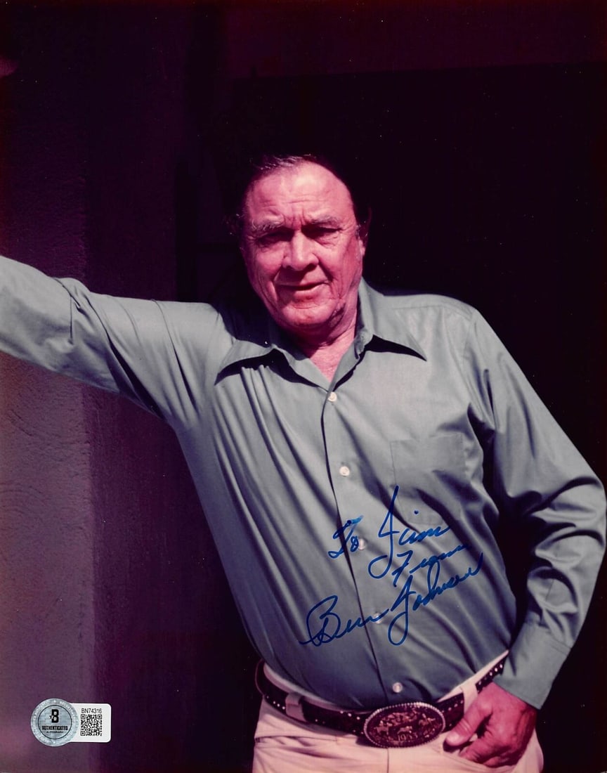 Ben Johnson Signed 8x10 Photograph with Beckett Authentication: Ben Johnson Signed 8x10 Photograph with Beckett Authentication Ben Johnson Actor "To Jim From" Signed 8x10 Photo BAS #BN74316. Industry: Movies. Object Type: Photograph. Original/Reproduction: Origina