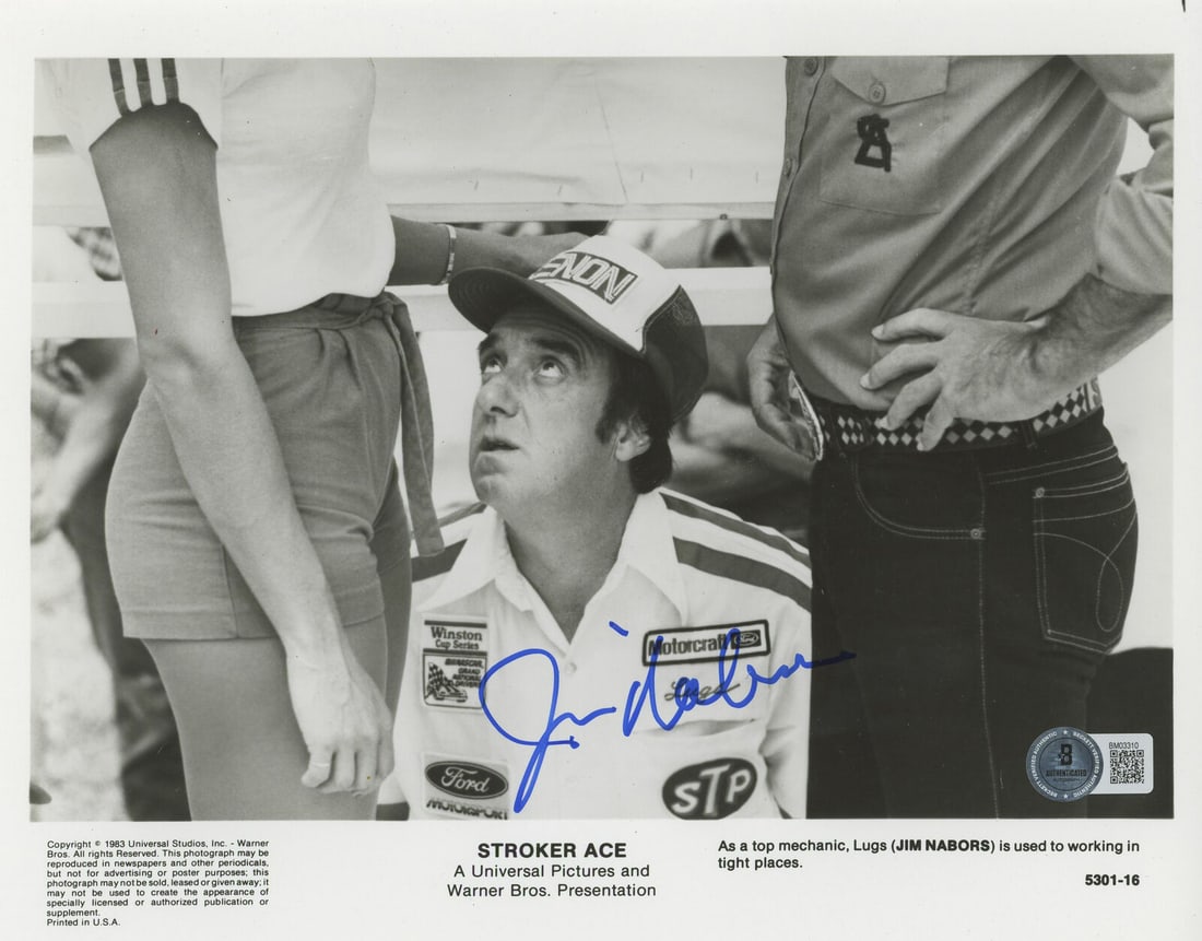 Jim Nabors Stroker Ace Signed 8x10 Photo Autographed Beckett: Jim Nabors Stroker Ace Signed 8x10 Photo Autographed Beckett This original 8x10 photograph features Jim Nabors from the movie Stroker Ace, autographed and authenticated by Beckett. A must-have for col