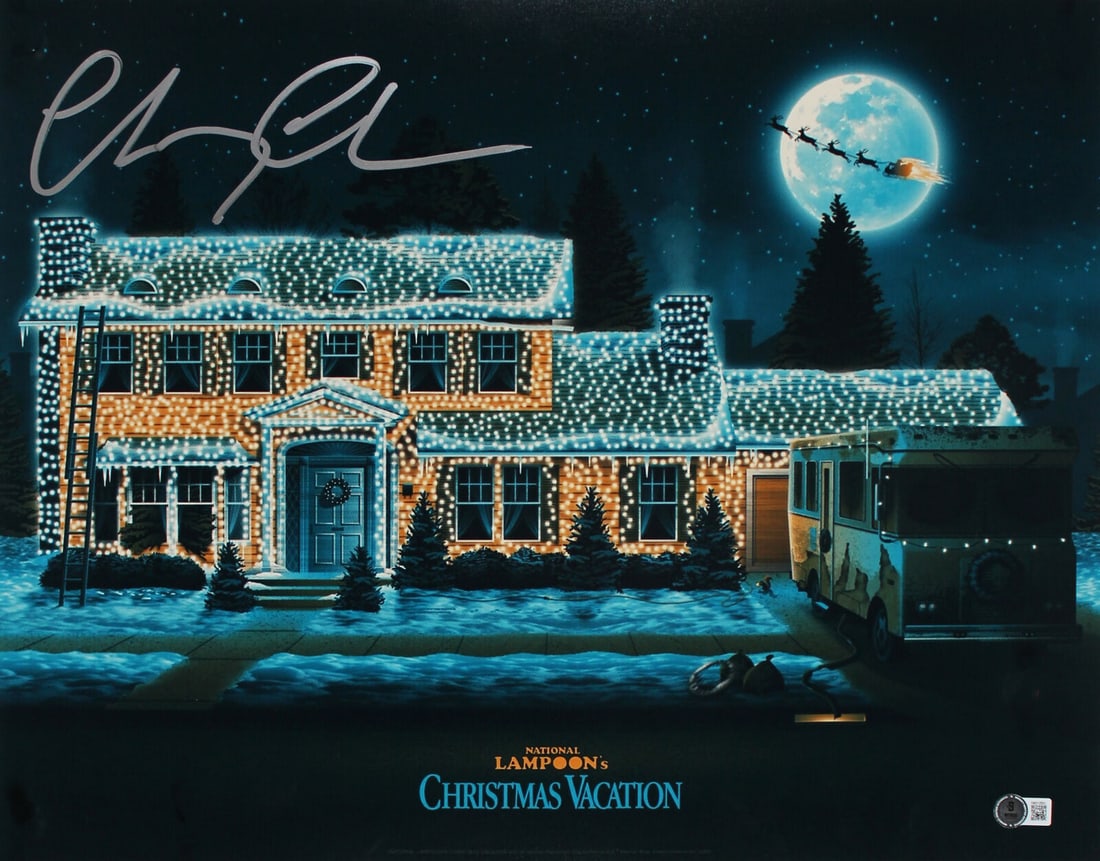 Chevy Chase Signed 16x20 Christmas Vacation Photo with Lights: Chevy Chase Signed 16x20 Christmas Vacation Photo with Lights This is an original signed photograph from the classic movie 'Christmas Vacation,' featuring Chevy Chase. The image captures the iconic mo