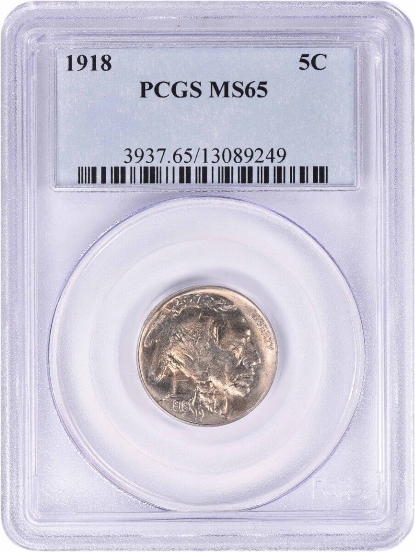 1918 Buffalo Nickel MS65 Uncirculated PCGS No Mint Mark: 1918 Buffalo Nickel MS65 Uncirculated PCGS No Mint Mark This 1918 Buffalo Nickel is graded MS65 by PCGS, indicating it is in uncirculated condition. It features a no mint mark from the year 1918, with