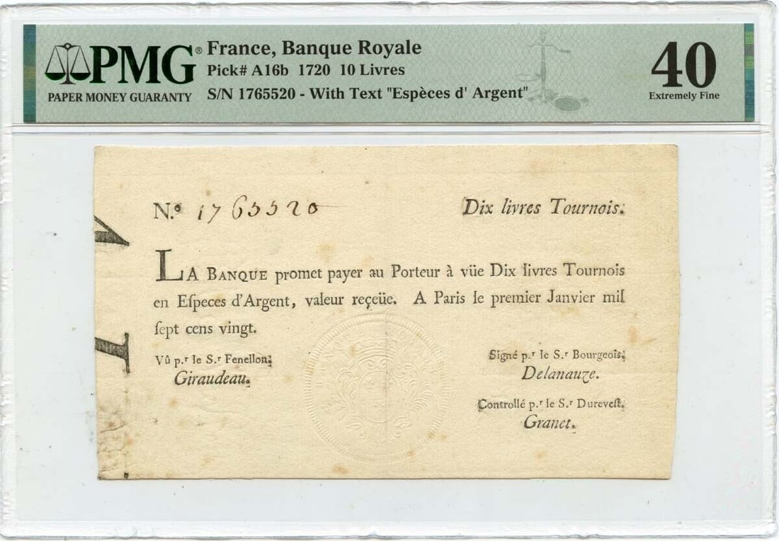 1720 Colonial Banque Royale Dix Livres Tournois A16b PMG Certified XF40: 1720 Colonial Banque Royale Dix Livres Tournois A16b PMG Certified XF40 1720 Colonial Jan. 10 France Banque Royale Dix Livres Tournois A16b PMG XF40. This item is certified by PMG with a certification