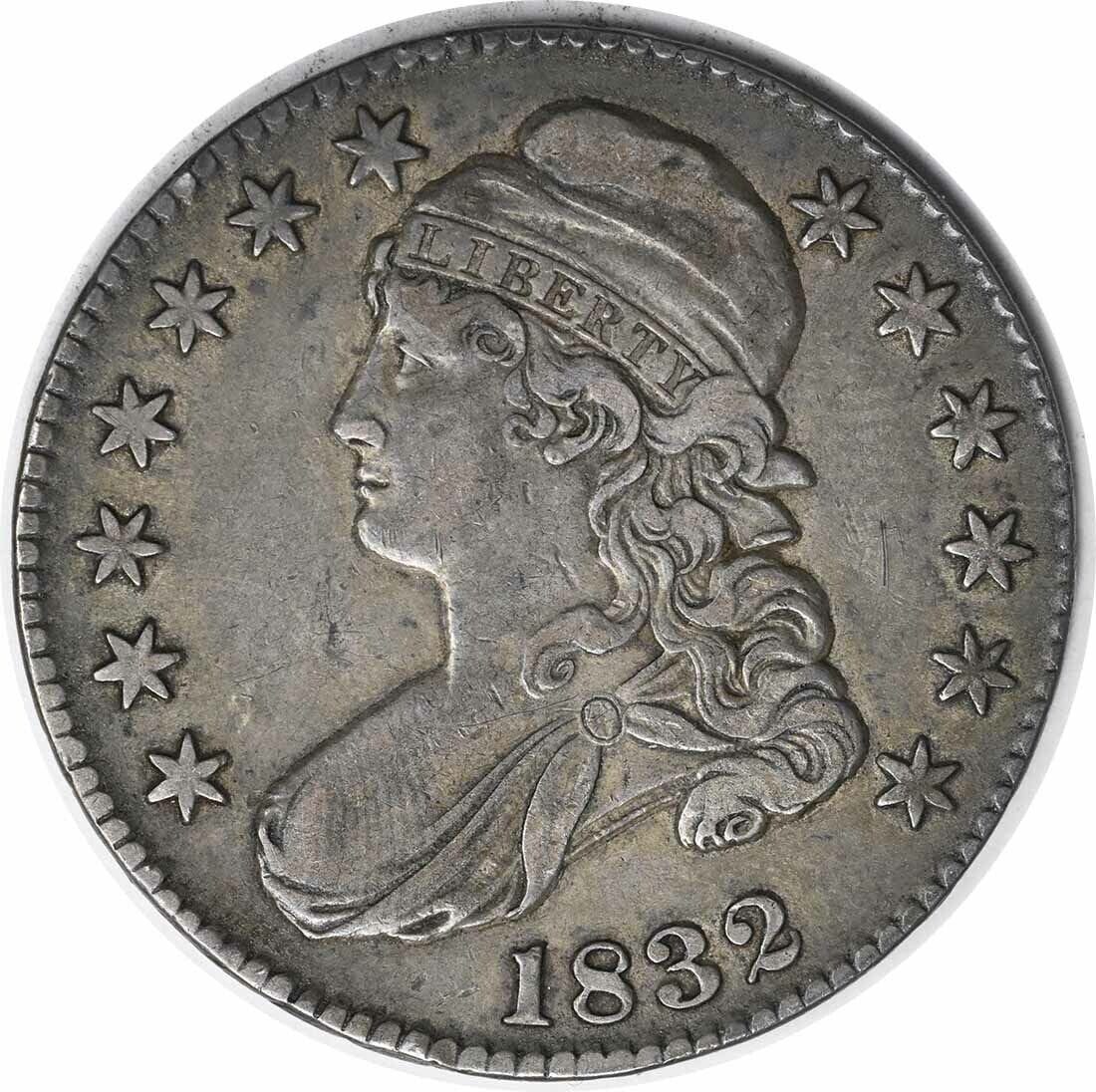 1832 Bust Half Dollar Small Letters 50C Silver Coin XF: 1832 Bust Half Dollar Small Letters 50C Silver Coin XF This 1832 Bust Half Dollar features small letters and is in Choice EF (Extra Fine) condition, though it is uncertified. Minted in Philadelphia, t