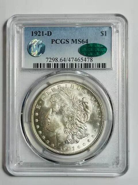1921 D Morgan Silver Dollar PCGS MS64 CAC Uncirculated: 1921 D Morgan Silver Dollar PCGS MS64 CAC Uncirculated This 1921 D Morgan Silver Dollar is graded MS 64 by PCGS and features CAC certification. It is composed of silver and is uncirculated, making it 