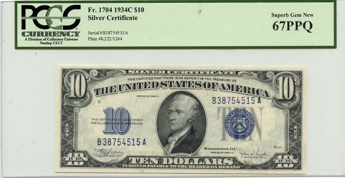 1934C $10 Silver Certificate Blue Fr# 1704 PCGS Superb Gem 67 PPQ: 1934C $10 Silver Certificate Blue Fr# 1704 PCGS Superb Gem 67 PPQ This 1934 Series $10 Silver Certificate, graded MS67 by PCGS Currency, features a portrait of Alexander Hamilton. The certificate is p