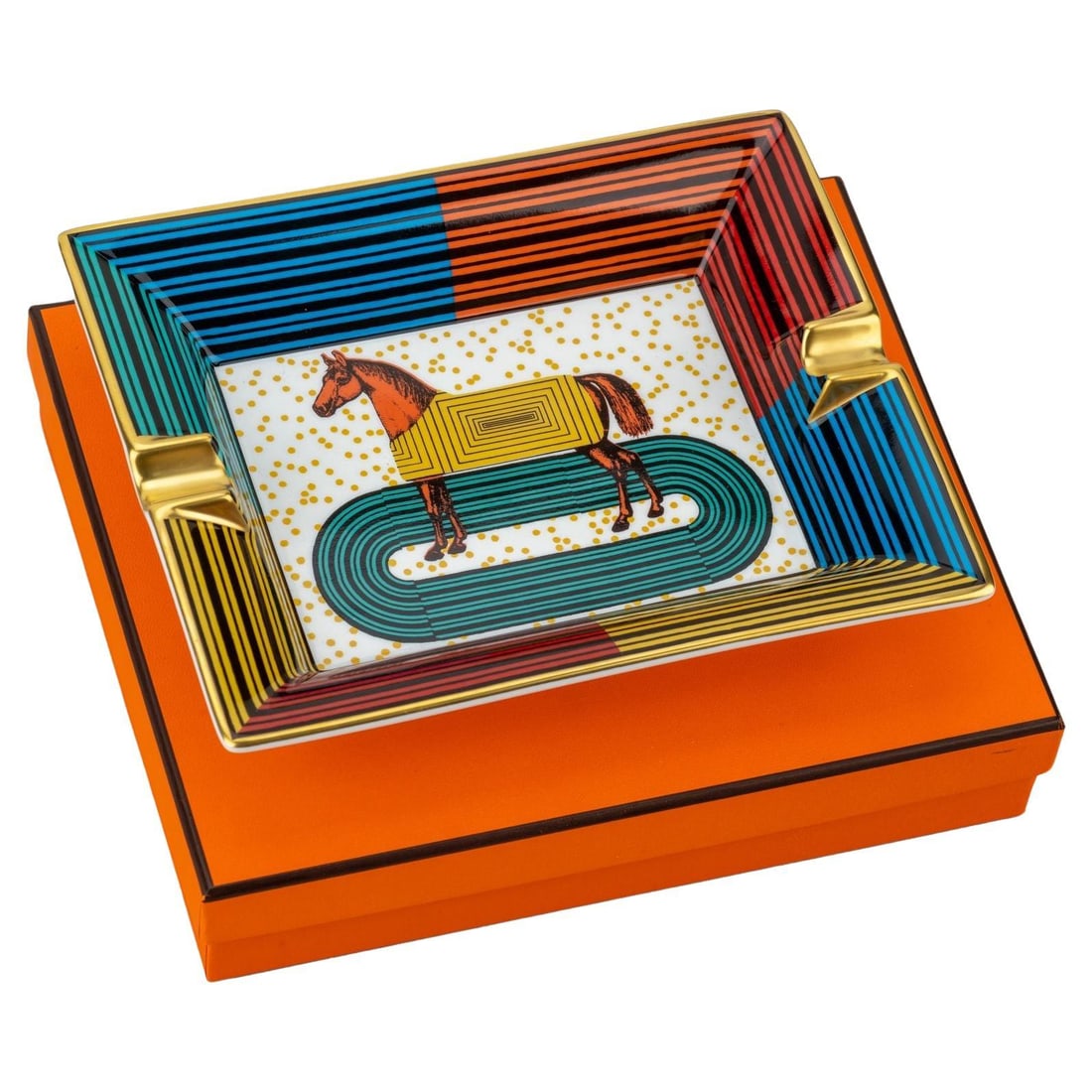 Hermes Porcelain Ashtray with Horse Design, 6.5in Height, Made in France: Hermes Porcelain Ashtray with Horse Design, 6.5in Height, Made in France This exquisite porcelain ashtray by Hermes features a charming horse design with colorful striped borders. Perfectly crafted in