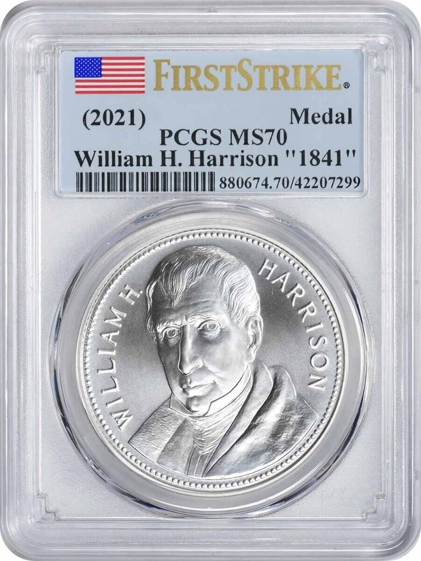 (2021) William H. Harrison "1841" Silver Medal MS70 First Strike PCGS: (2021) William H. Harrison "1841" Silver Medal MS70 First Strike PCGS Certification: PCGS Year: 2021 Precious Metal Content Per Unit: 1 oz Grade: MS70 Fineness: 0.999 Composition: 99.9% Silver Diamete