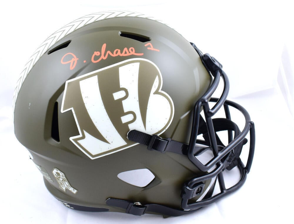 JaMarr Chase Signed Bengals Salute to Service Speed Helmet - PSA Authenticated: JaMarr Chase Signed Bengals Salute to Service Speed Helmet - PSA Authenticated JaMarr Chase Signed Bengals Salute to Service F/S Speed Helmet - PSA *Damaged. Sport: Football. Product: Helmet. Original