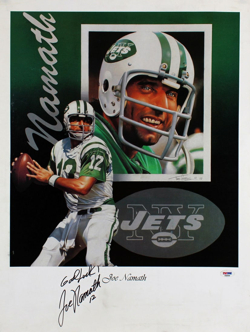 Joe Namath Signed 18x24 Lithograph Poster New York Jets PSA Authenticated: Joe Namath Signed 18x24 Lithograph Poster New York Jets PSA Authenticated Jets Joe Namath Good Luck Signed 18x24 Poster Autographed PSA #F80004. Sport: Football. Product: Lithograph Poster & Print. Or