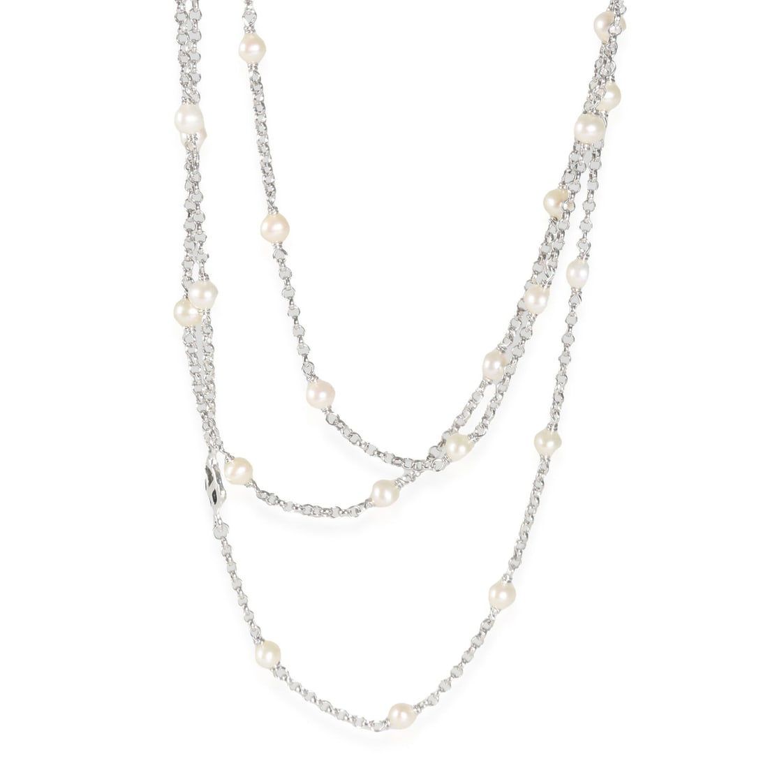 David Yurman 60 Inch Pearl Station Long Chain Necklace in Sterling Silver: David Yurman 60 Inch Pearl Station Long Chain Necklace in Sterling Silver This exquisite David Yurman long chain necklace features a length of 60 inches and is crafted from high-quality sterling silve