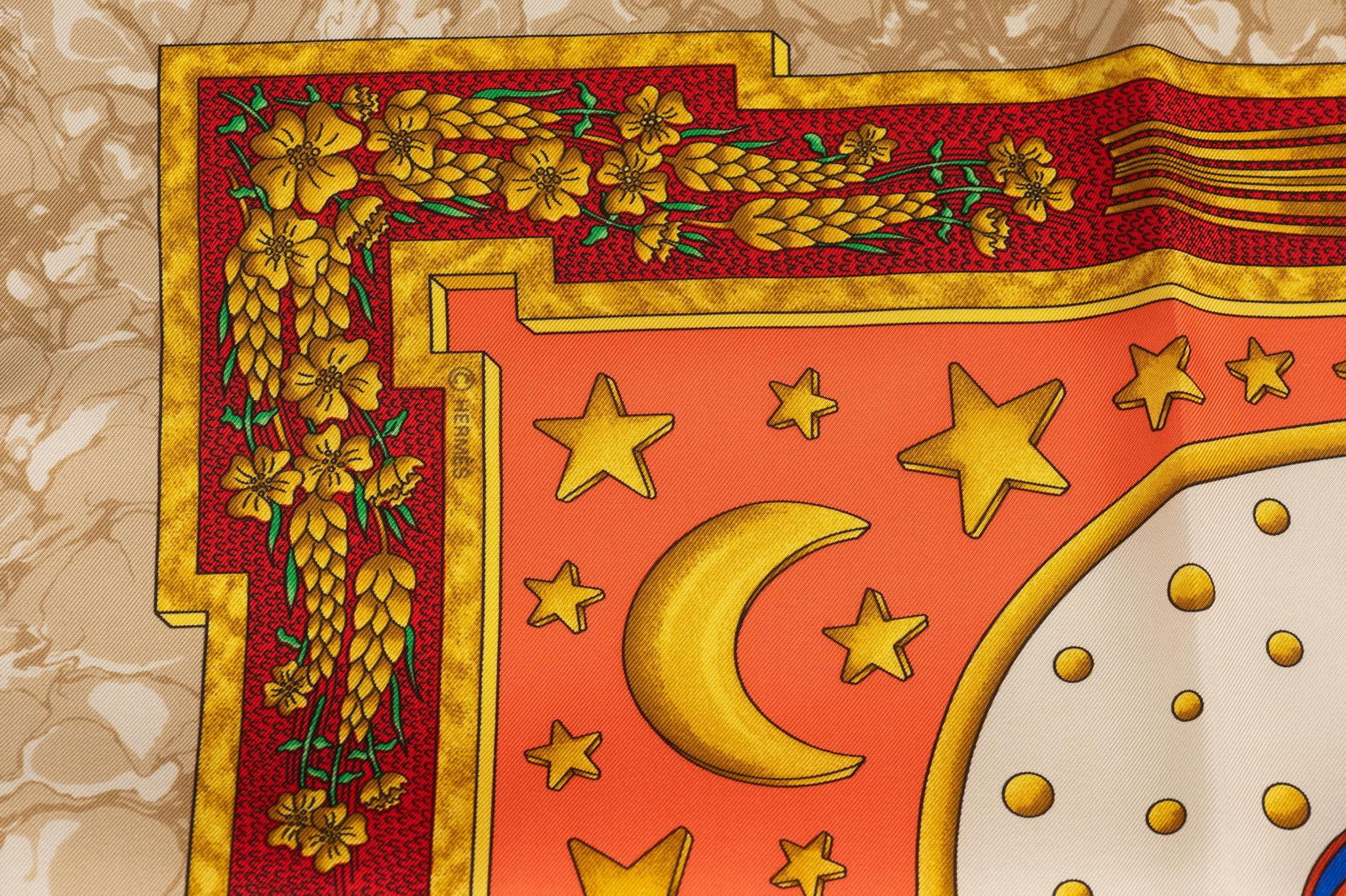 Hermes Carpe Diem Silk Scarf 35in Floral Design Orange France 21st Century: Hermes Carpe Diem Silk Scarf 35in Floral Design Orange France 21st Century This exquisite Hermes "Carpe Diem" silk scarf features a vibrant floral border design adorned with gold stars and a crescent