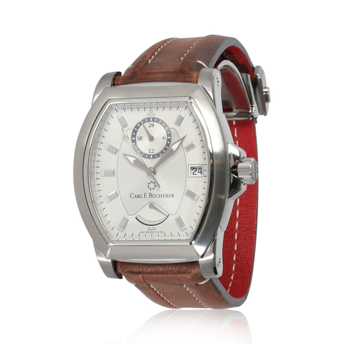 Carl F. Bucherer Patravi T-24 Men's Stainless Steel Wrist Watch with Silver Dial and Leather Band: Carl F. Bucherer Patravi T-24 Men's Stainless Steel Wrist Watch with Silver Dial and Leather Band The Carl F. Bucherer Patravi T-24 is a luxury men's wrist watch crafted from stainless steel. It featu