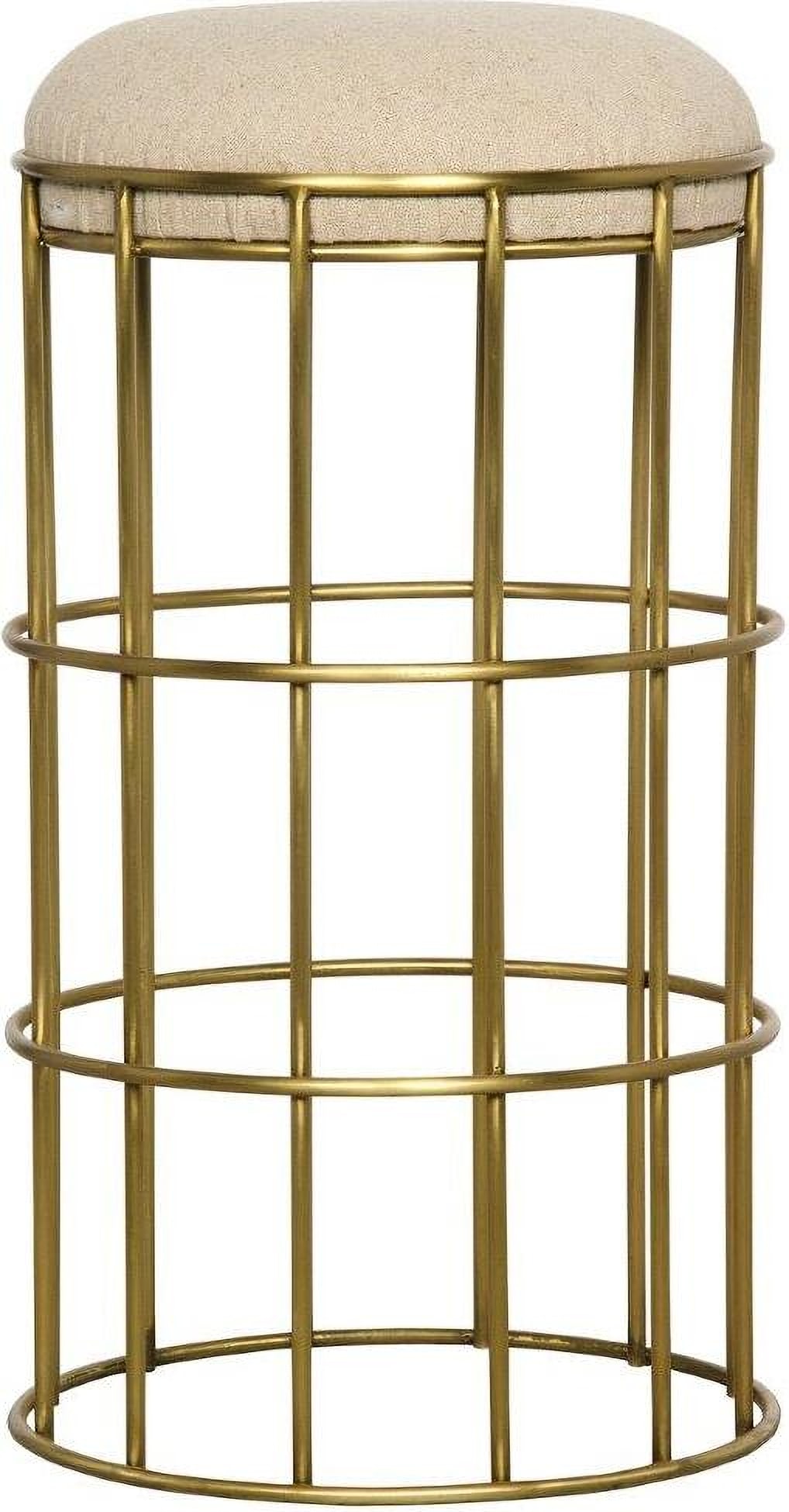 Ryley Art Deco Gold Counter Stool with Linen Seat: Ryley Art Deco Gold Counter Stool with Linen Seat The Ryley Counter Stool features a glamorous design with art deco inspirations. It boasts a cage-like metal base with a burnished gold finish and an u