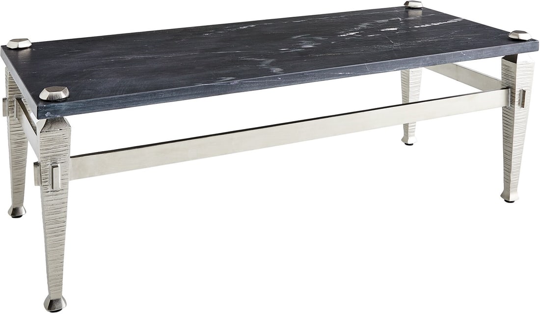 Roman Coffee Table Nickel Finish Iron Base Flamed Black Marble Top 18x22x50: Roman Coffee Table Nickel Finish Iron Base Flamed Black Marble Top 18x22x50 The Roman Coffee Table features a design inspired by the works of notable craftsmen, including Thomas Chippendale and David