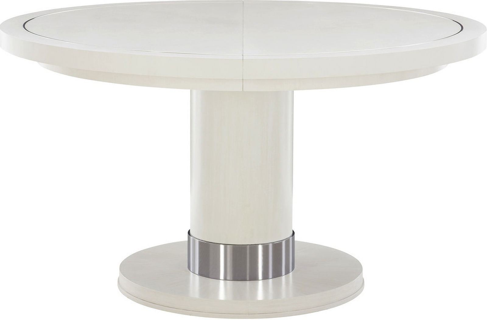 Elegant Silhouette Round Dining Table with Eggshell Finish and Stainless Steel Inlay: Elegant Silhouette Round Dining Table with Eggshell Finish and Stainless Steel Inlay The Silhouette Round Dining Table is a stunning piece that combines bold contrasts with soft curves, embodying a hi
