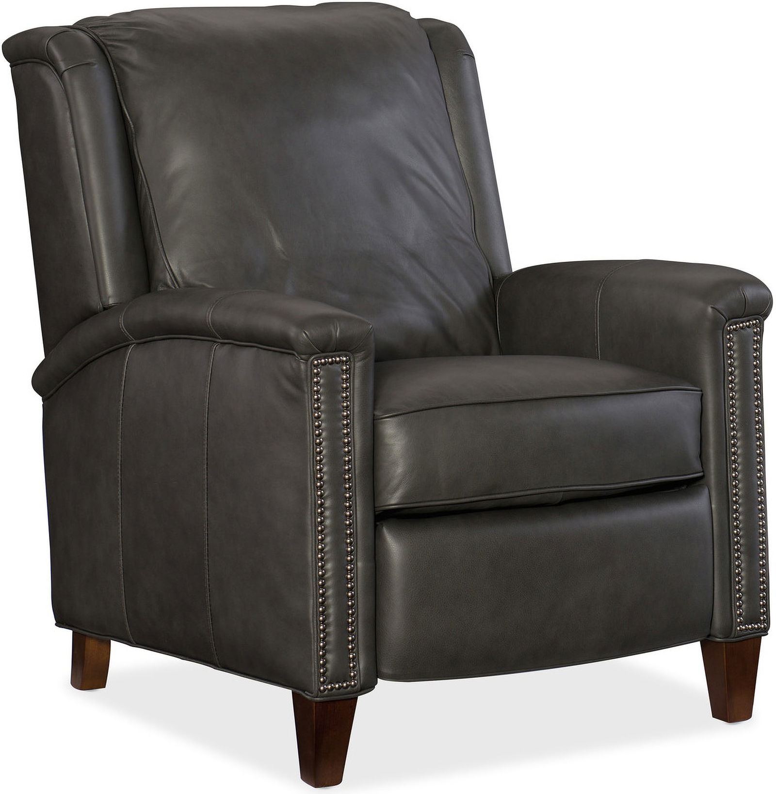 Hooker Kelly Collection Charcoal Leather Recliner with Dark Wood Finish: Hooker Kelly Collection Charcoal Leather Recliner with Dark Wood Finish Part of Kelly Collection from Hooker. Kiln dried frame construction. Precision machined for fluid and consistent shape. Dark woo