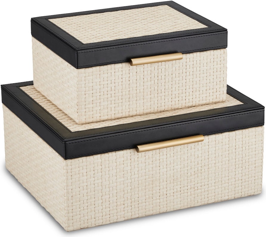 Currey & Company Deanna Box Set of 2 Ivory Raffia Decorative Boxes: Currey & Company Deanna Box Set of 2 Ivory Raffia Decorative Boxes The Deanna Box Set of 2 in Ivory is crafted from intricately woven ivory raffia, featuring black leather tops and light antique brass