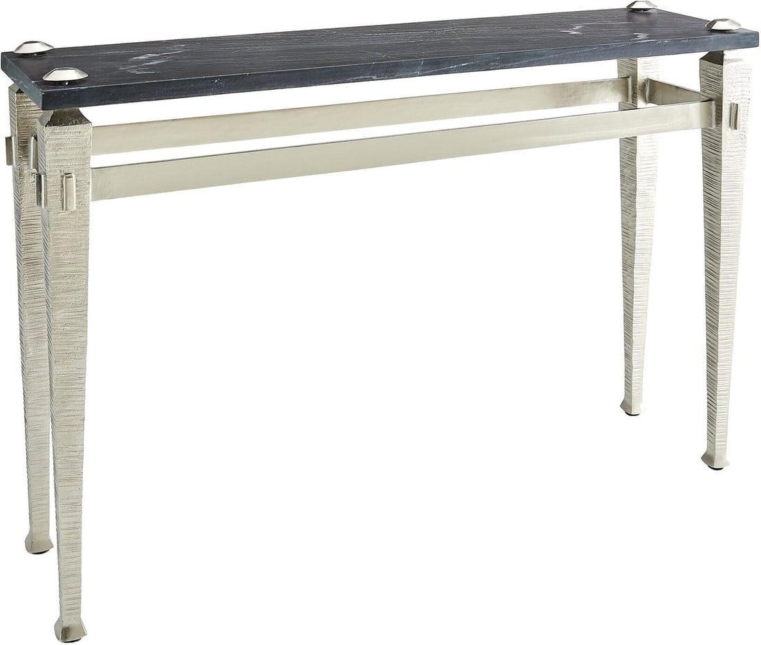 Roman Console Table in Nickel with Flamed Black Marble Top: Roman Console Table in Nickel with Flamed Black Marble Top The Roman Console showcases a design inspired by the craftsmanship of Thomas Chippendale and features a horizontal chiseled texture reminisce