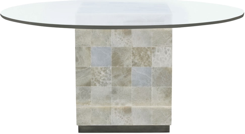 Trimbelle Round Dining Table 54 Inch White Onyx Base Clear Glass Top Antique Pewter: Trimbelle Round Dining Table 54 Inch White Onyx Base Clear Glass Top Antique Pewter The Trimbelle Round Dining Table features a striking design that combines art and functionality. It showcases a dist