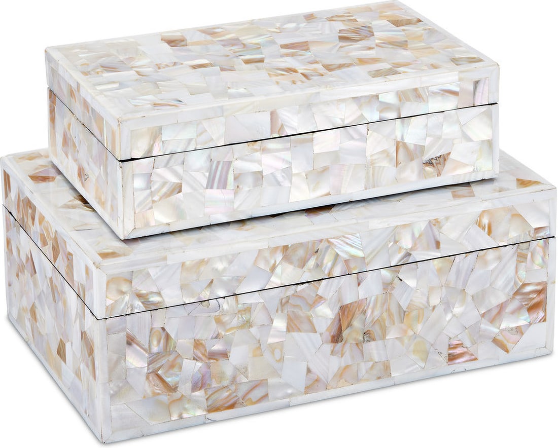 Currey & Company Mother of Pearl Decorative Box Set of 2 Beige 4.5x12x8 Inches: Currey & Company Mother of Pearl Decorative Box Set of 2 Beige 4.5x12x8 Inches The Uma Mother of Pearl Box Set includes two decorative boxes that are meticulously covered in a random pattern of mother