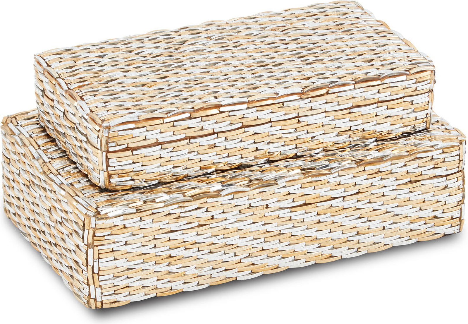 Glimmer Gold Silver Decorative Box Set Nesting 2 Pieces: Glimmer Gold Silver Decorative Box Set Nesting 2 Pieces The Glimmer Gold & Silver Box Set includes two decorative boxes that nest inside each other. The exteriors of these gold boxes feature a textura