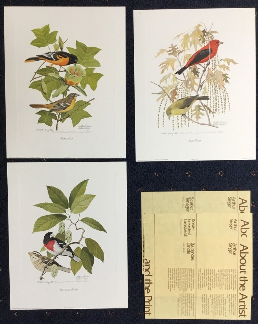 Arthur Singer 1977 Songbird Trio Signed Offset Lithograph Print: Arthur Singer 1977 Songbird Trio Signed Offset Lithograph Print This is a limited edition signed offset lithograph titled "Songbird Trio" by artist Arthur Singer, created in 1977. The print features a