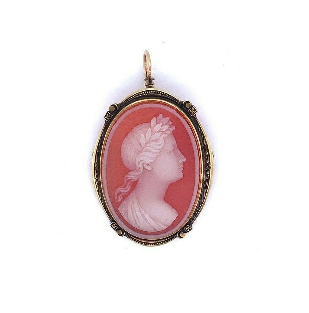 Antique 14k Gold Cameo Pendant with Natural Agate Stone: Antique 14k Gold Cameo Pendant with Natural Agate Stone This exquisite 14k Gold Genuine Natural Hard Stone Carnelian Agate Cameo Pin Pendant is an estate piece in excellent condition, dating back to t