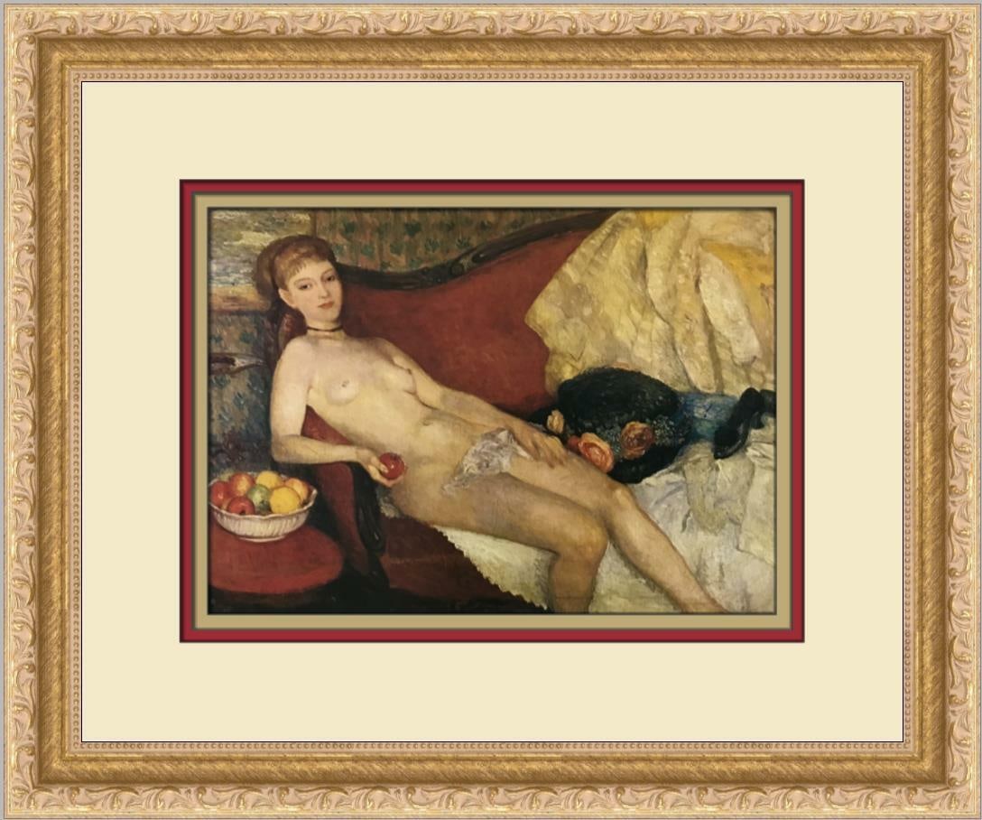 William Glackens Woman with Apple Impressionist Framed Print 15 inches x 13 inches: William Glackens Woman with Apple Impressionist Framed Print 15 inches x 13 inches This custom framed print titled "Woman with Apple" by artist William Glackens features a nude subject in an impressio