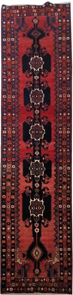 Handmade Black Persian Hamadan Rug 4 x 14 Feet Wool: Handmade Black Persian Hamadan Rug 4 x 14 Feet Wool This exquisite 4 x 14 Black Traditional Persian Hamadan Rug features a stunning blend of colors including black, red, and orange. It is woven with m