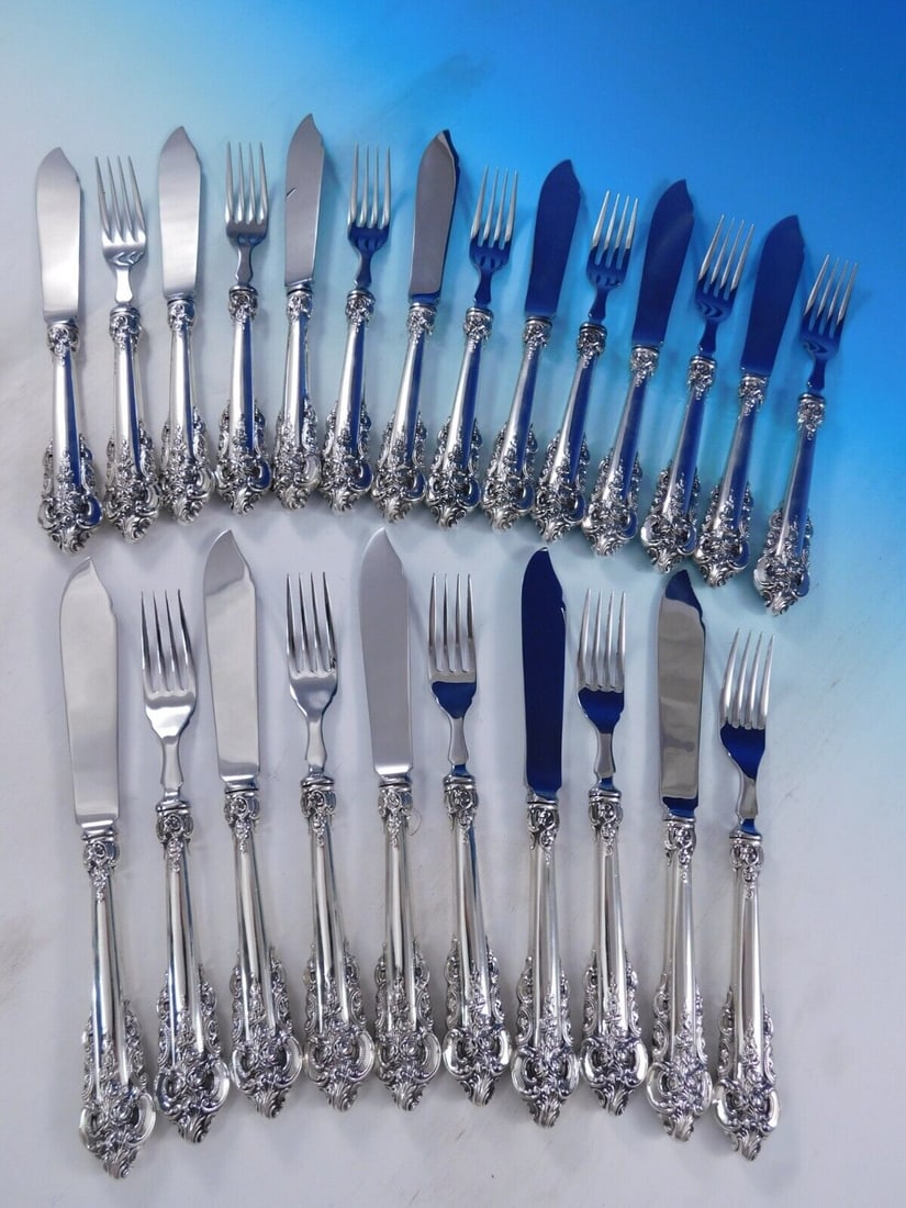Wallace Grande Baroque Sterling Silver Fish Set 24 Pieces Flatware: Wallace Grande Baroque Sterling Silver Fish Set 24 Pieces Flatware Introducing the Grande Baroque by Wallace Sterling Silver Individual Fish Set, featuring 24 exquisite pieces. This highly collectible