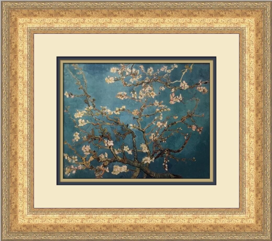 Vincent Van Gogh Almond Branches in Bloom Custom Framed Art Print: Vincent Van Gogh Almond Branches in Bloom Custom Framed Art Print This custom framed print features Vincent van Gogh's iconic artwork "Almond Branches in Bloom." The piece is matted and framed, showca
