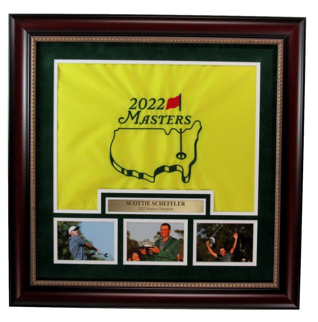 Scottie Scheffler 2022 Masters Framed Pin Flag with Photo Collage: Scottie Scheffler 2022 Masters Framed Pin Flag with Photo Collage This is an original 2022 Masters pin flag featuring Scottie Scheffler, beautifully framed and complemented by a photo collage. The ite