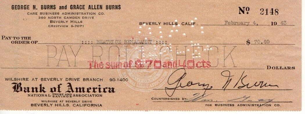 George Burns Bea Benaderet Signed Bank Check JSA Authenticated: George Burns Bea Benaderet Signed Bank Check JSA Authenticated This is an original bank check signed by George Burns and Bea Benaderet, notable figures in television history. The autograph has been au
