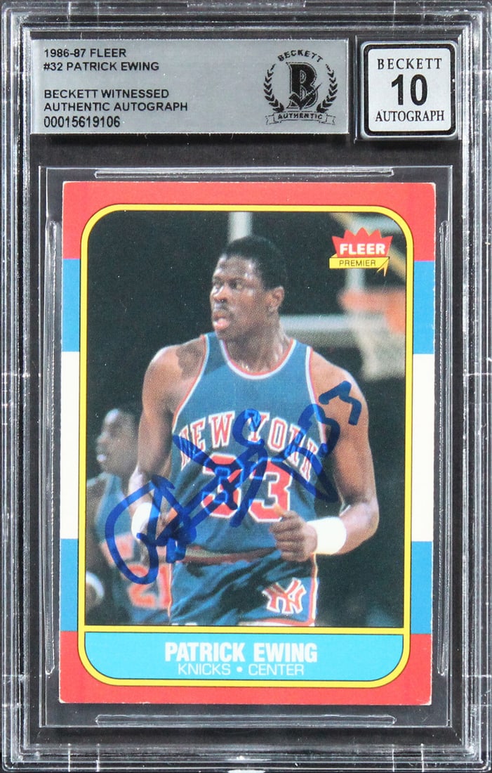 Patrick Ewing Signed 1986 Fleer #32 RC Card Graded 10 BAS: Patrick Ewing Signed 1986 Fleer #32 RC Card Graded 10 BAS This is a Patrick Ewing signed 1986 Fleer #32 rookie card, graded 10 by Beckett. A must-have for NBA collectors and fans of the New York Knick
