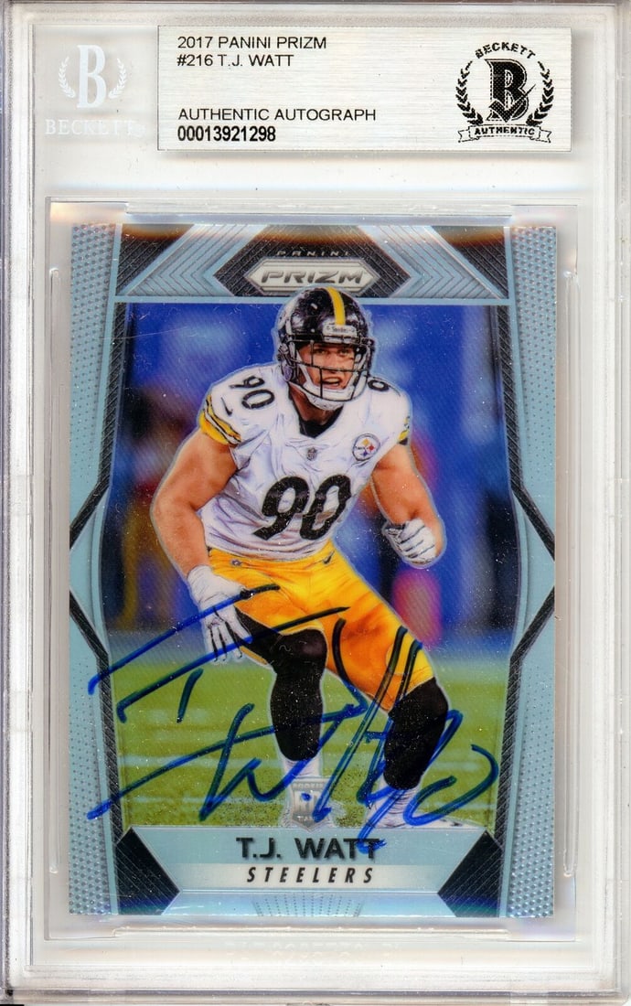 2017 T.J. Watt Autographed Rookie Card Panini Prizm Silver BAS Graded #216: 2017 T.J. Watt Autographed Rookie Card Panini Prizm Silver BAS Graded #216 This is a 2017 Panini Prizm Silver #216 sports trading card featuring T.J. Watt of the Pittsburgh Steelers. It is an autograp