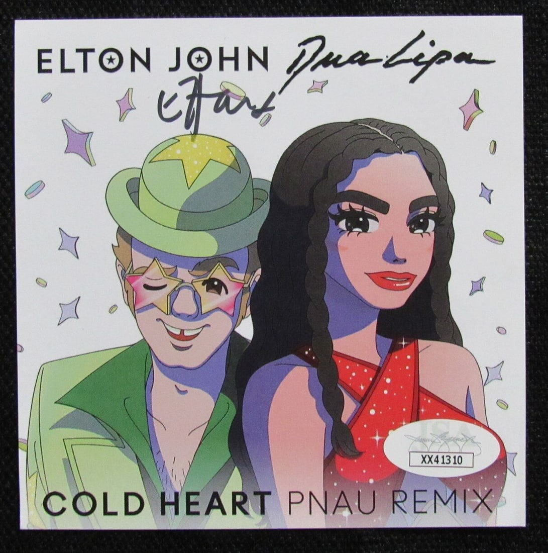 Elton John Dua Lipa Autographed Cold Heart Remix CD Insert JSA: Elton John Dua Lipa Autographed Cold Heart Remix CD Insert JSA This is an original autographed CD insert of "Cold Heart Pnau Remix" by Elton John and Dua Lipa. The item is authenticated by JSA (James 