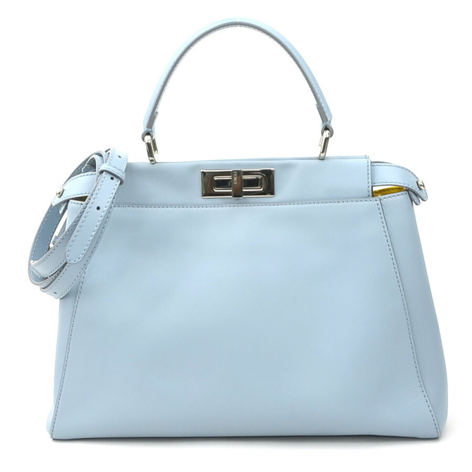 Fendi Peekaboo Handbag in Light Blue Leather with Silver Hardware: Fendi Peekaboo Handbag in Light Blue Leather with Silver Hardware This Fendi Peekaboo handbag is crafted from light blue leather and features silver hardware. It showcases a turn lock closure and is d