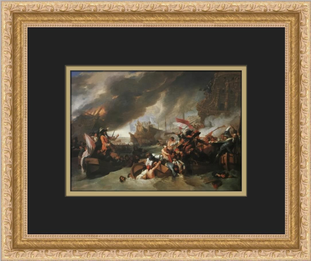 Benjamin West The Battle of La Hogue Custom Framed Print 12x14 Gold Ornate: Benjamin West The Battle of La Hogue Custom Framed Print 12x14 Gold Ornate This custom framed print titled "The Battle of La Hogue" by artist Benjamin West showcases a stunning representation of the h
