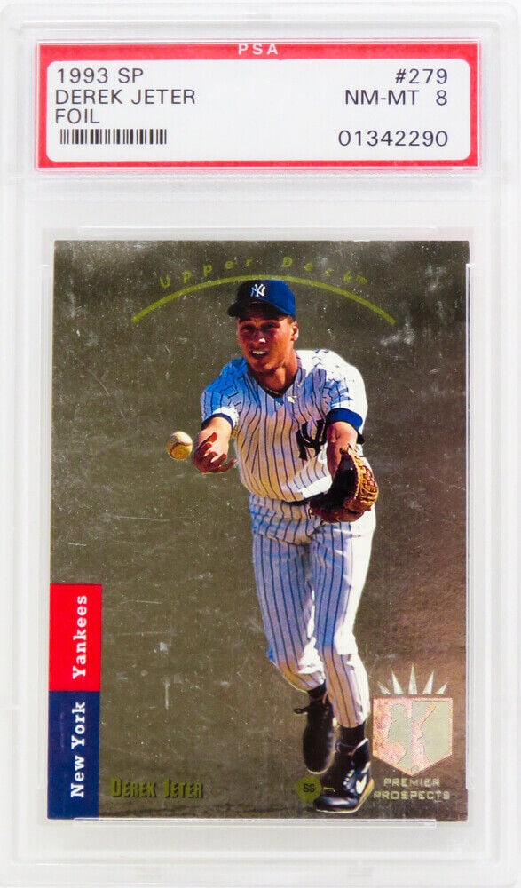 Derek Jeter 1993 SP Foil Rookie Card #279 PSA 8 New York Yankees: Derek Jeter 1993 SP Foil Rookie Card #279 PSA 8 New York Yankees This is a 1993 SP Foil Rookie Card #279 featuring baseball player Derek Jeter of the New York Yankees. The card is graded 8 by Professi