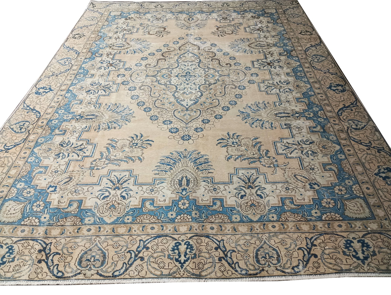 Vintage Hand-Knotted Area Rug 8.6 x 11.8 Blush Peach Antique Pattern: Vintage Hand-Knotted Area Rug 8.6 x 11.8 Blush Peach Antique Pattern This beautiful vintage area rug features a low pile design with a blend of blush, peach, blue, and brown colors. Measuring approxim