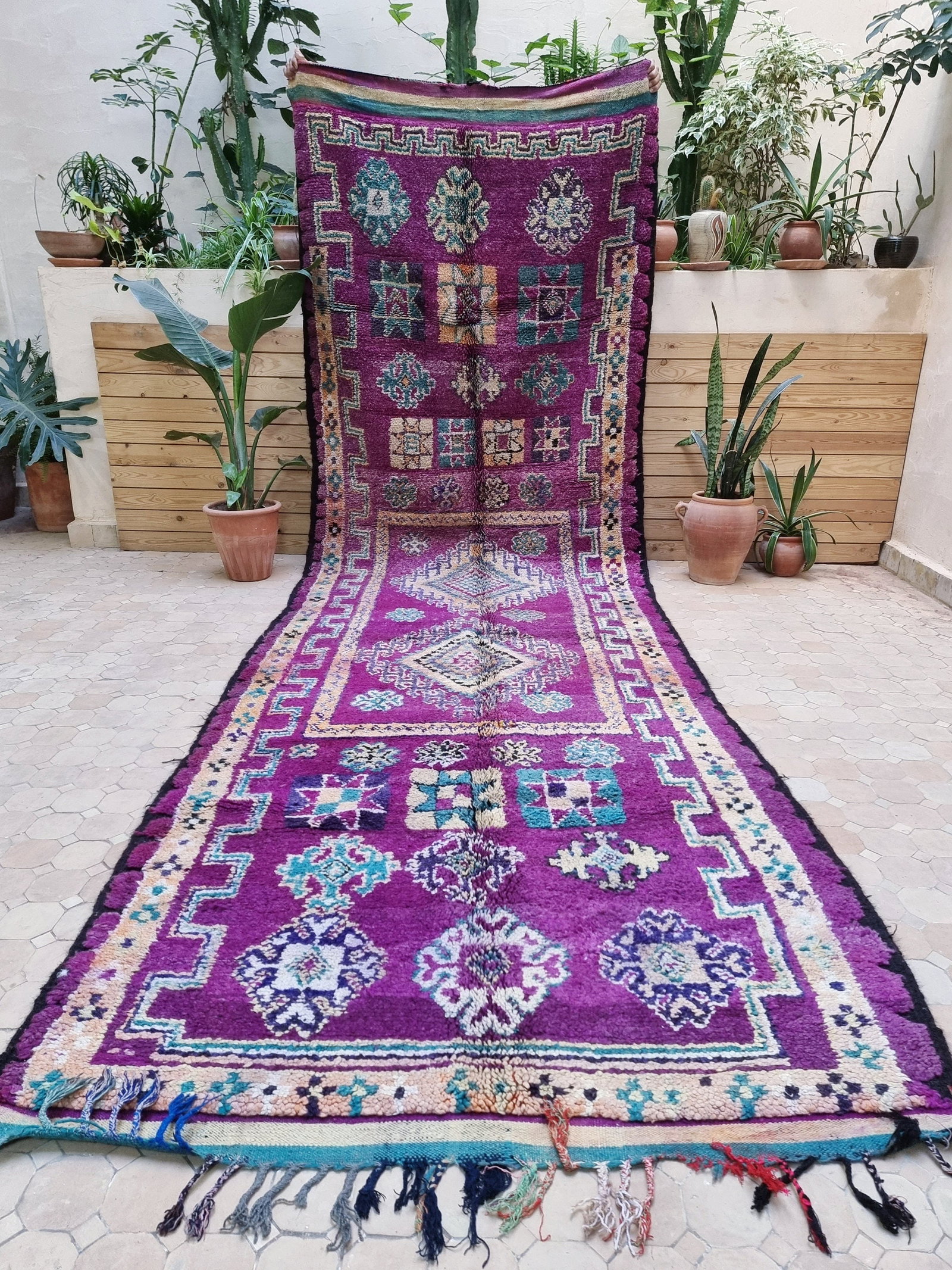 Moroccan Vintage Violet Runner Rug Organic Wool 169x53 Inches: Moroccan Vintage Violet Runner Rug Organic Wool 169x53 Inches Enhance your space with the vintage elegance of this Moroccan Violet Runner Rug, measuring 169 x 53 inches (430 x 135 cm). This rug weaves