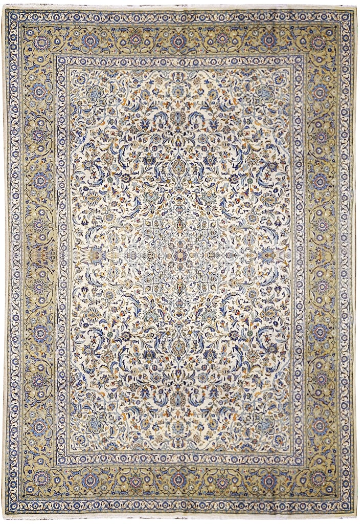 Traditional Hand-Knotted Persian Kashan Area Rug 9.1 x 13.4 Ivory Green Taupe Blue Brown: Traditional Hand-Knotted Persian Kashan Area Rug 9.1 x 13.4 Ivory Green Taupe Blue Brown This exquisite 9.1 x 13.4 area rug features a stunning traditional design, hand-knotted in Kashan, Iran. The ru