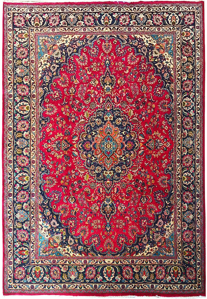 9.11 x 13.4 Hand-Knotted Persian Kashan Area Rug Red Blue: 9.11 x 13.4 Hand-Knotted Persian Kashan Area Rug Red Blue This traditional Persian Kashan rug measures approximately 9.11 x 13.4 feet (119 x 160 inches) and features a stunning red and blue color pale