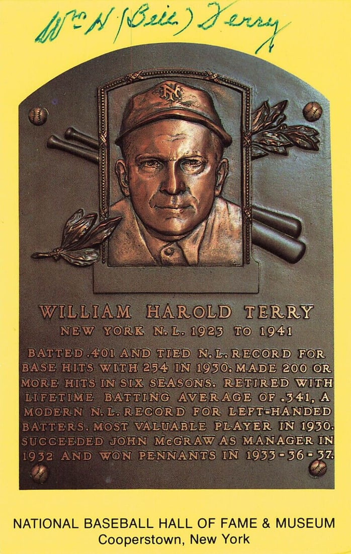 Bill Terry Signed Hall of Fame Plaque Card New York Giants: Bill Terry Signed Hall of Fame Plaque Card New York Giants Bill Terry signed 4x6 Hall of Fame plaque card featuring the New York Giants. This original postcard is authenticated by Beckett Authenticati