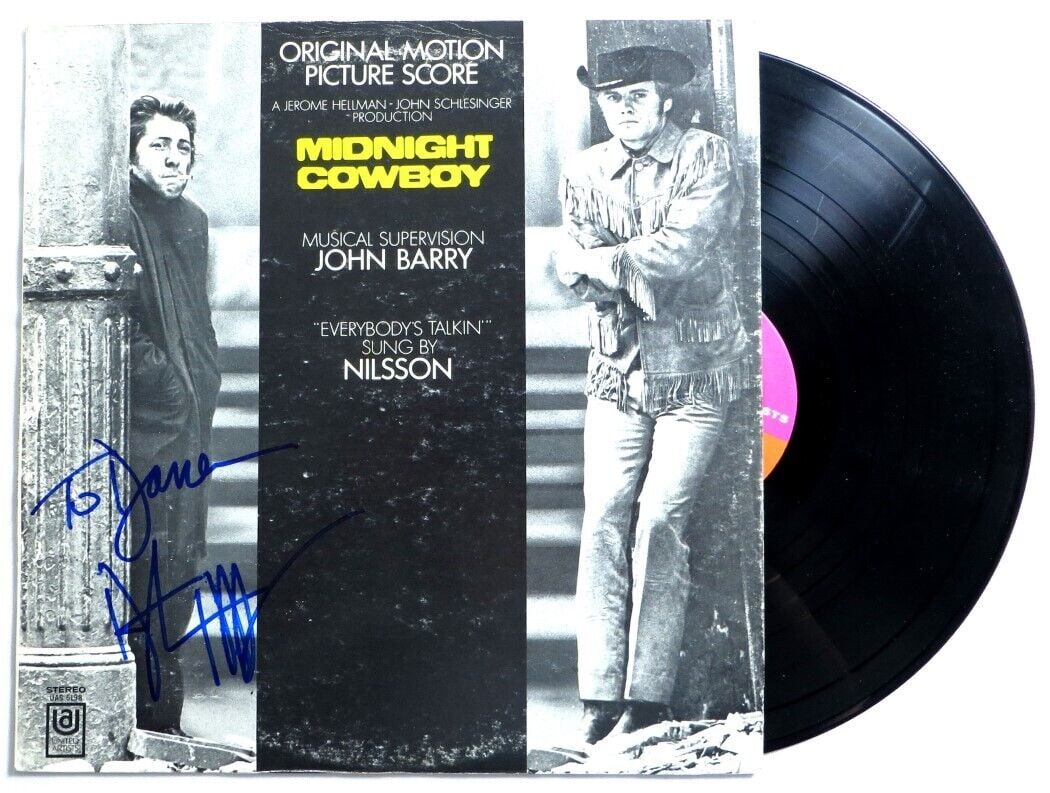 Dustin Hoffman Autographed Midnight Cowboy Record Album Beckett Certified: Dustin Hoffman Autographed Midnight Cowboy Record Album Beckett Certified This is an original autographed record album of "Midnight Cowboy" signed by Dustin Hoffman. The album is authenticated by Beck