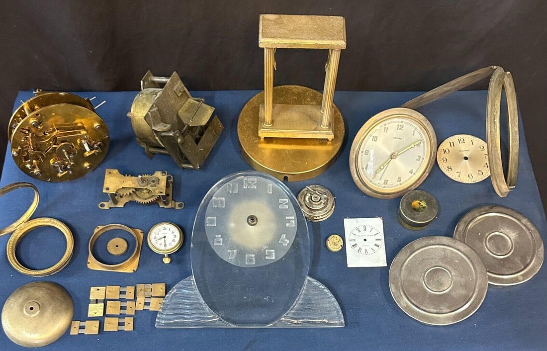 Vintage Antique Clock Parts Lot with Lalique Glass Components: Vintage Antique Clock Parts Lot with Lalique Glass Components This assortment of vintage and antique clock parts dates from the early to mid 20th century, featuring a possible Lalique glass clock surr
