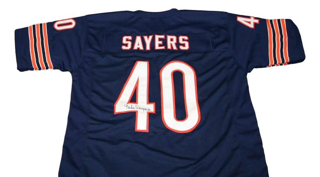 Gale Sayers Signed Chicago Bears Football Jersey JSA Authenticated: Gale Sayers Signed Chicago Bears Football Jersey JSA Authenticated This is an original football jersey signed by Gale Sayers, a legendary player of the Chicago Bears. The jersey comes with James Spenc