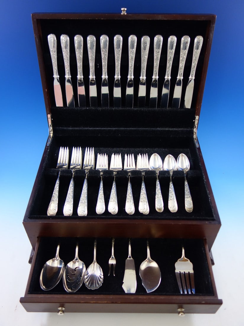 Kirk Sterling Silver Old Maryland Engraved Flatware Set for 12, 54 Pcs with Storage Chest: Kirk Sterling Silver Old Maryland Engraved Flatware Set for 12, 54 Pcs with Storage Chest This Old Maryland Engraved flatware set by Kirk is a stunning collection crafted in sterling silver, perfect f